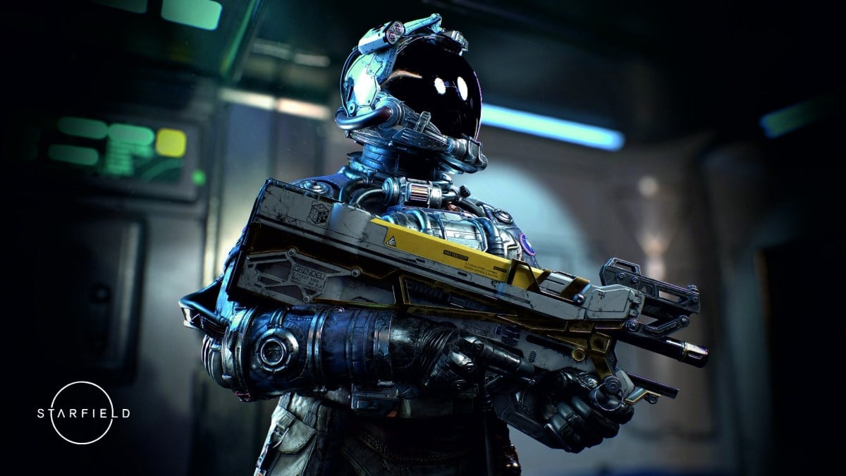 A promotional screenshot of a character holding a rifle in Starfield