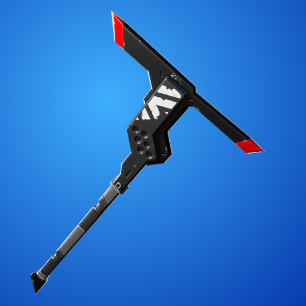 A black and red metallic fortnite pickaxe with red tips on the sharp ends
