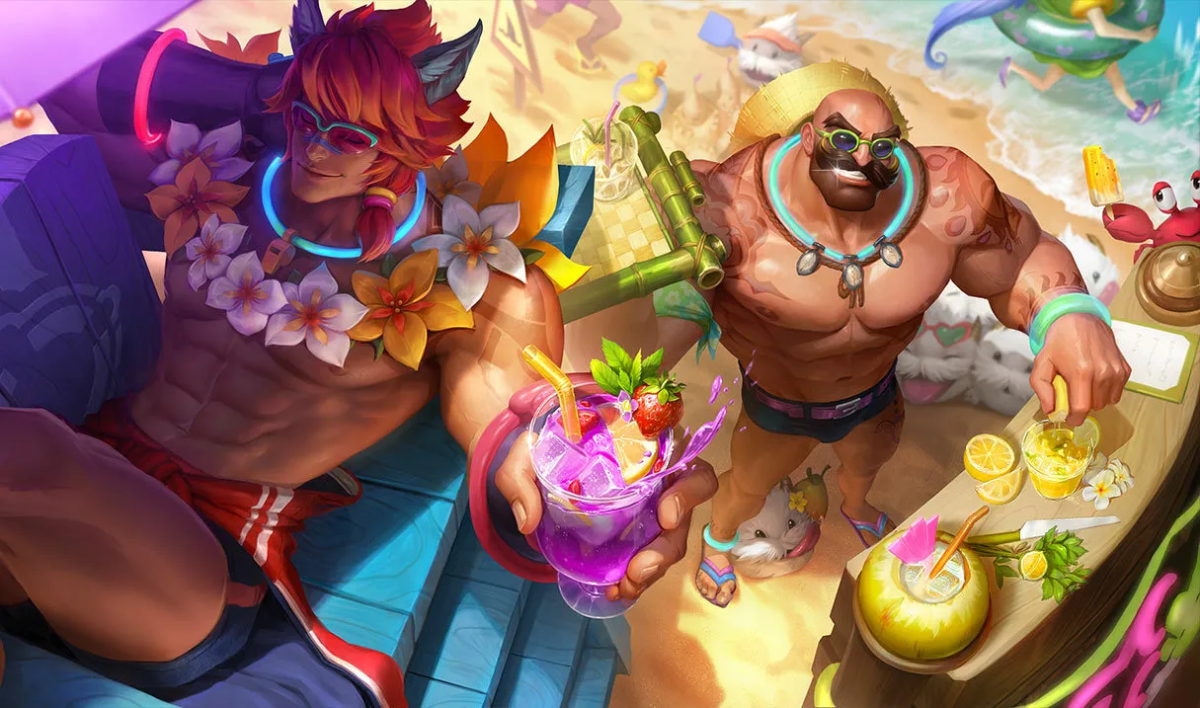 Braum and Sett on a beach wearing summer clothes