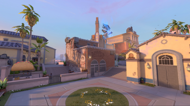 The attacker spawn section of the Sunset map in VALORANT, featuring Los Angeles style architecture.