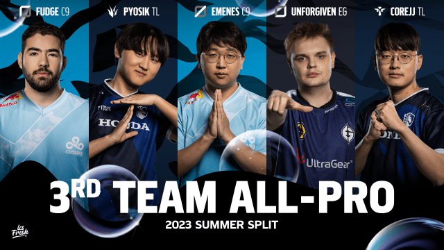 Fudge, Pyosik, Emenes, Unforgiven, and CoreJJ make up the 2023 Third Team All-Pro.