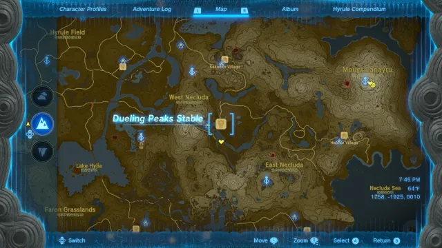 In-game screenshot showing the map location of Dueling Peaks Stable