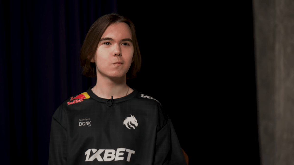 Donk, from Team Spirit, stares forward at a media day for CS:GO.