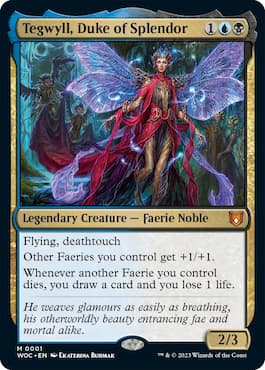 Image of faerie lord surrounded by subjects through MTG Tegwyll, Duke of Splendor Wilds of Eldraine Commander Precon