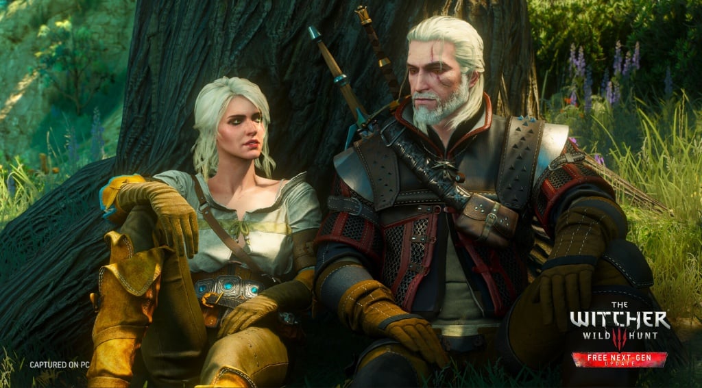 The Witcher 3's Geralt and Ciri sitting in front of a tree
