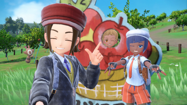 Player character taking a picture with NPCs in Pokémon Scarlet and Violet.