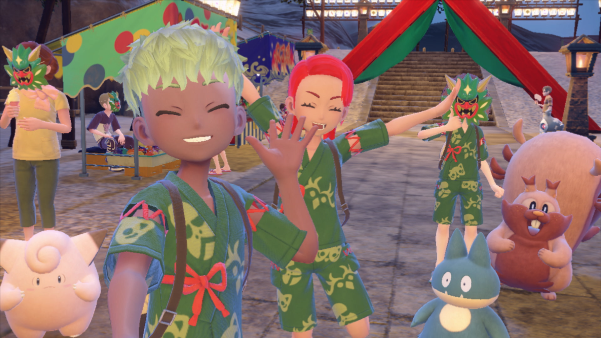 The player character and some NPCs taking a picture in Pokémon Scarlet and Violet.