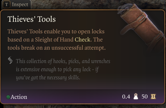 An in-game menu from Baldur's Gate 3 that shows the description of Thieves' Tools.
