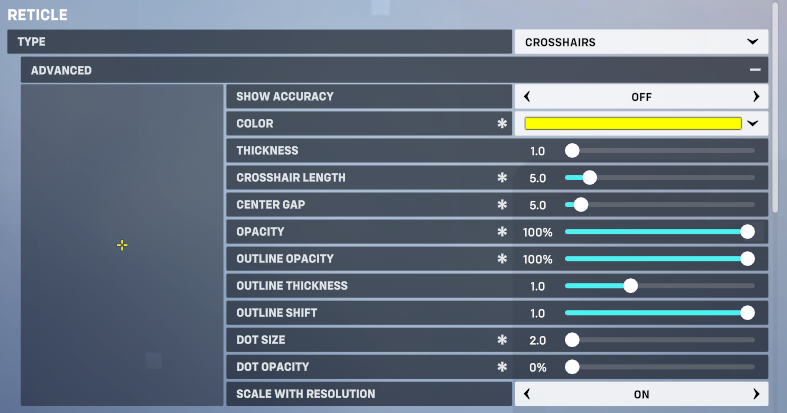 Screenshot of best crosshair for Tracer from Overwatch 2