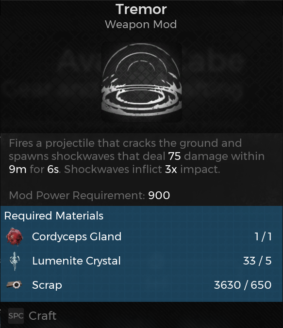 A screenshot from Remnant 2 showing the Tremor weapon mod, its description, and the items required to craft it.