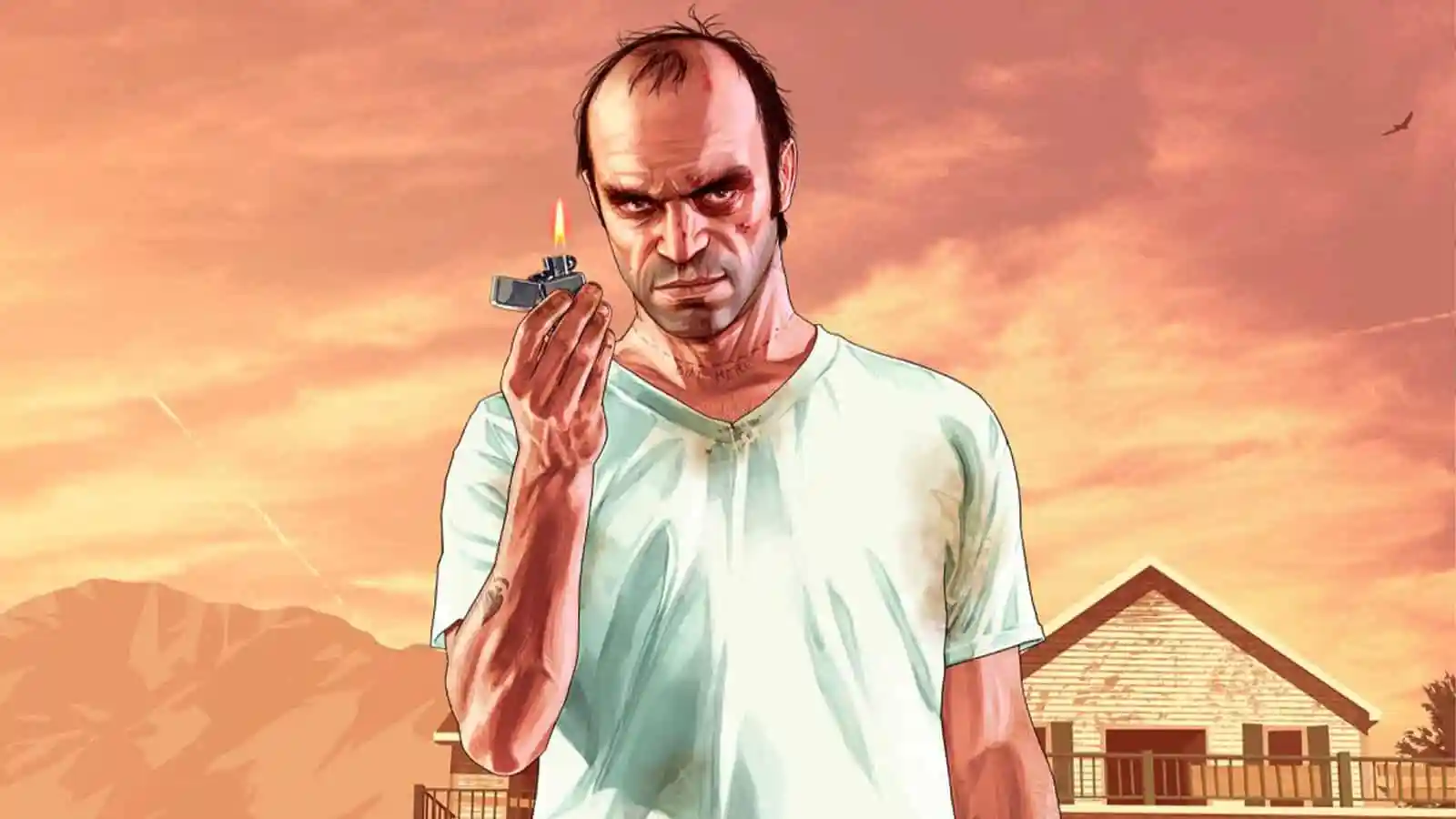 Official art of Trevor, one of GTA 5 protagonists, holding a lighter. Trevor is white, his hair is getting bald, and he wears a white T-shirt.