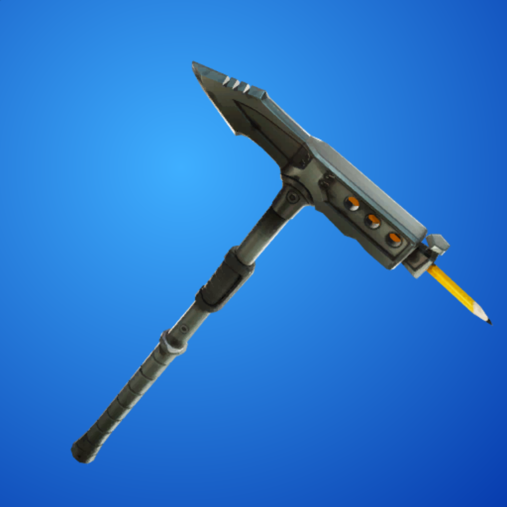 a fortnite pickaxe thatis metallic and black with a pencil held in place poking out on the right