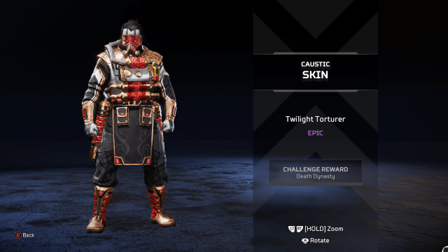 The Twilight Torturer Caustic skin, which gives Caustic grey skin, a black, red, and gold lab coat, and a red gas mask.