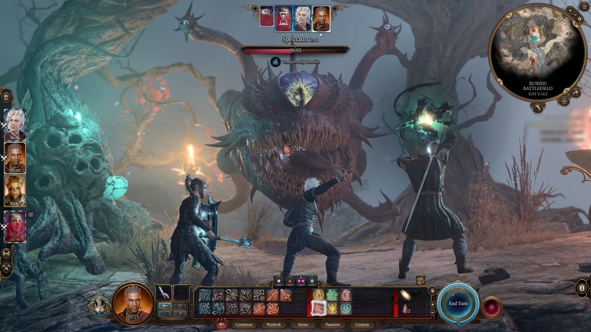 Displays a party fighting a Beholder in Baldur's Gate 3.