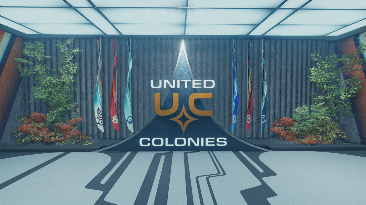 Image of the United Colonies sigil surrounded by flags and foliage.