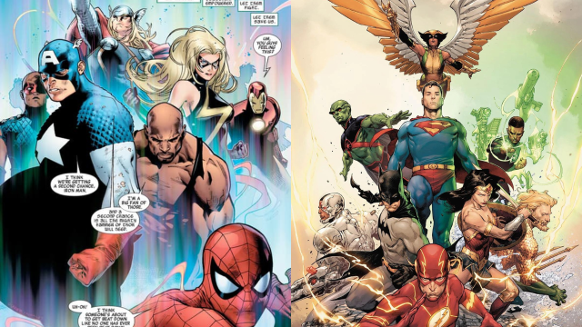 Characters from the Avengers in Marvel Comics alongside the Justice League from DC.