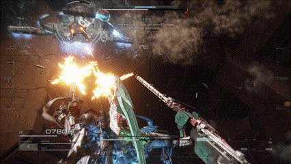 GIF shows a player firing Gatling guns for massive damage in Armored Core 6.