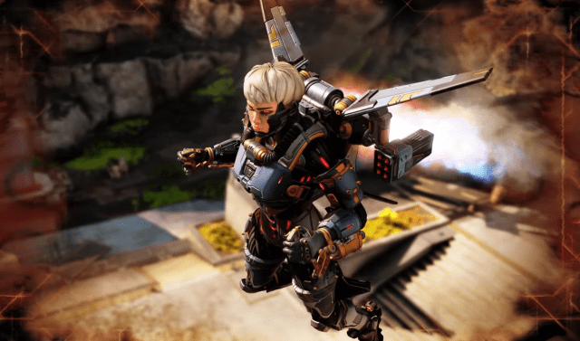 Valkyrie flies with her jet pack, and her eyes glow a bright red, in this Apex Legends screenshot.