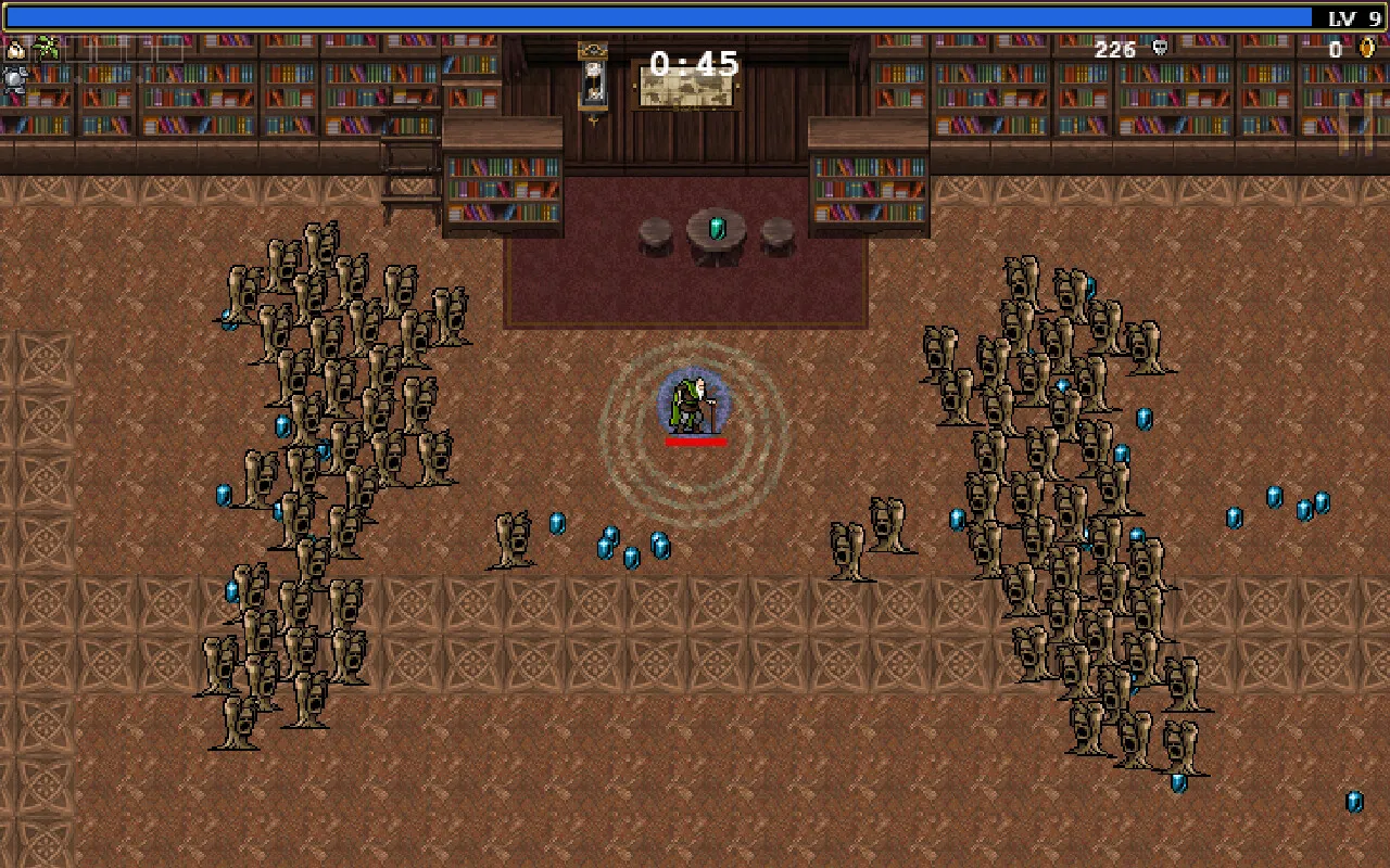There is a character in a library surrounded by monsters. There are blue gems on the ground left by defeated monsters, while there are bookcases in the background.