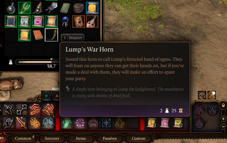 Image displaying the description for the item "Lump's War Horn" in Baldur's Gate 3. 