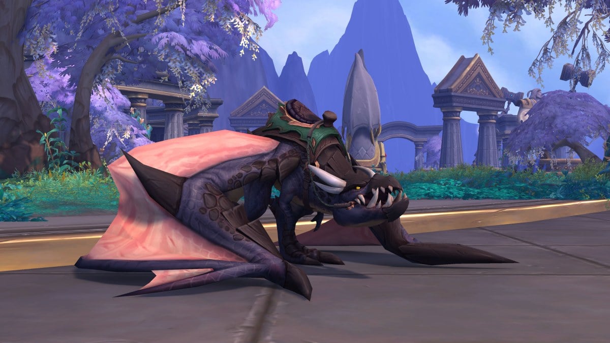 WoW character riding a black Dragonriding drake on the Dragon Isles