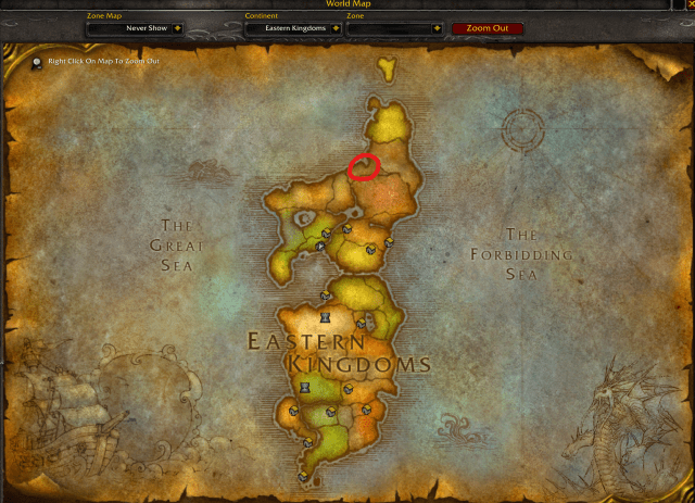 An in-game WoW screenshot that puts an emphasizing red circle on an unmarked area of the Eastern Kingdoms map just above the Western Plaguelands.