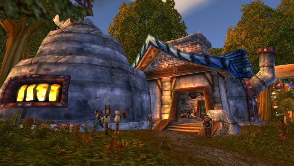 An in-game WoW screenshot of the Goldshire blacksmithing shop