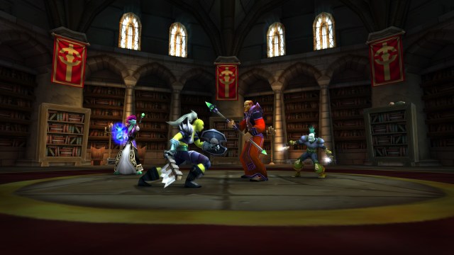 Players battle in the Scarlet Monastery dungeon in WoW Classic.