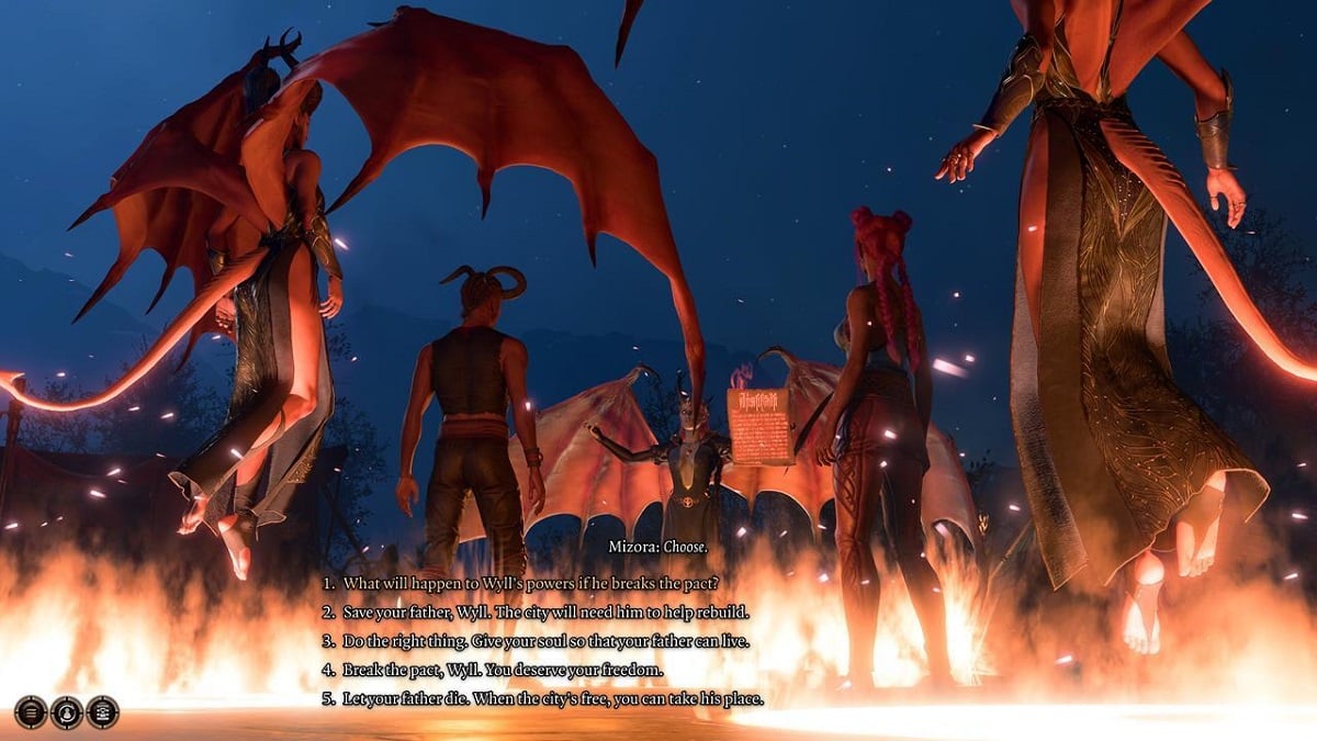 An image of a demonic ceremony with demons in the background around the player character and their party member in Baldur's Gate 3.