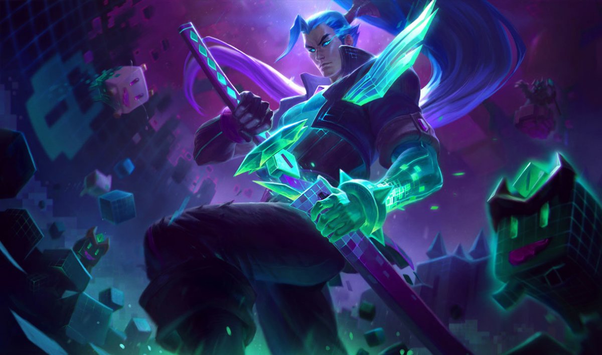 A futuristic Yasuo holds his blade in League of Legends