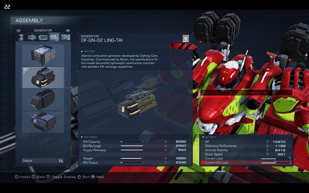 A screenshot of Armored Core 6 in the Assembly menu showing the EN Shortall warning.