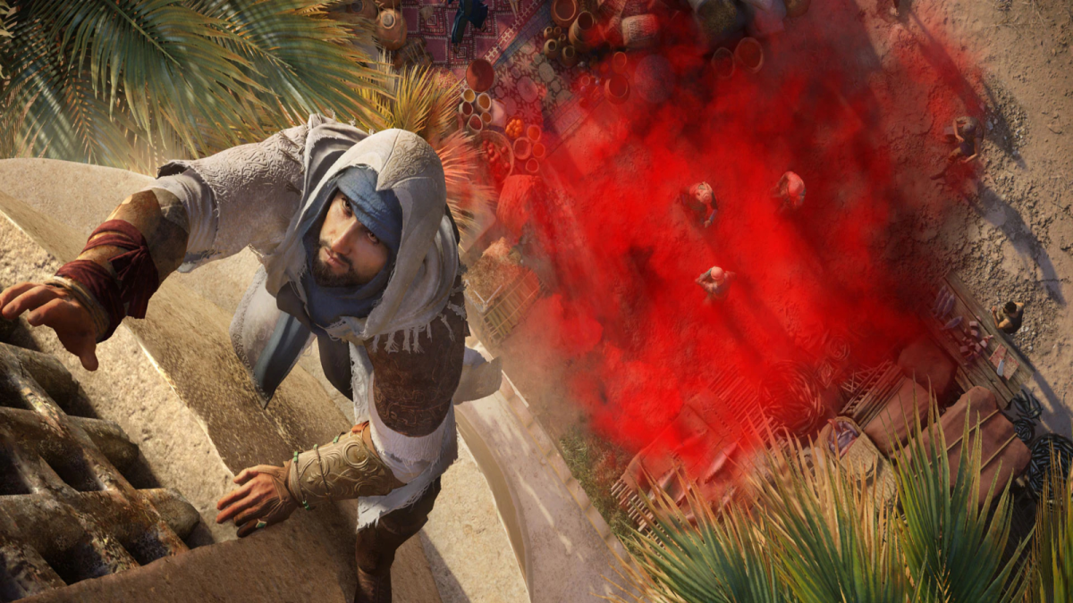 Basim in Assassin's Creed Mirage climbing to escape a group of enemies distracted by red smoke.
