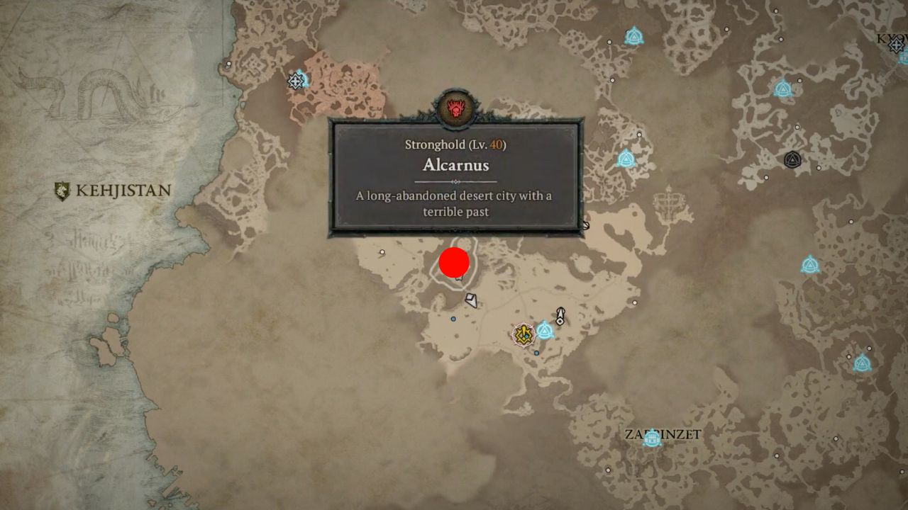 Red dot showing the location of Alcarnus Diablo 4