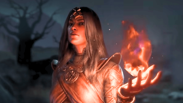 Woman holding fire and wearing leather armor in Diablo 4