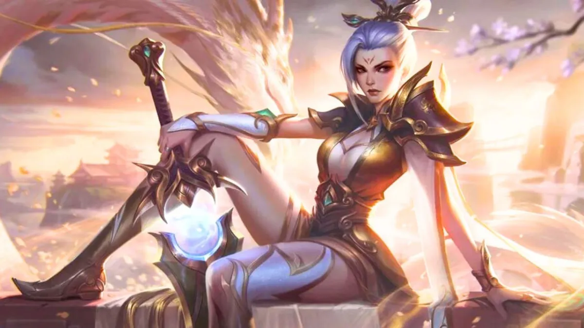 Woman sitting in front of a golden dragon wearing golden armor in League of Legends