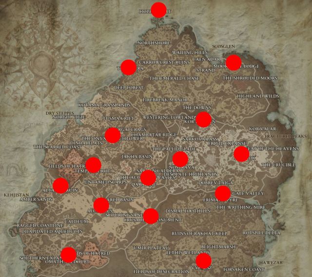 15 red dots showing the location of all strongholds in Diablo 4