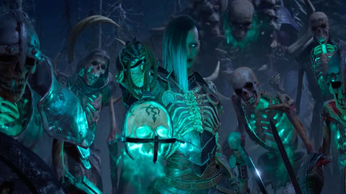 Woman holding a skull mask surrounded by skeletons in Diablo 4
