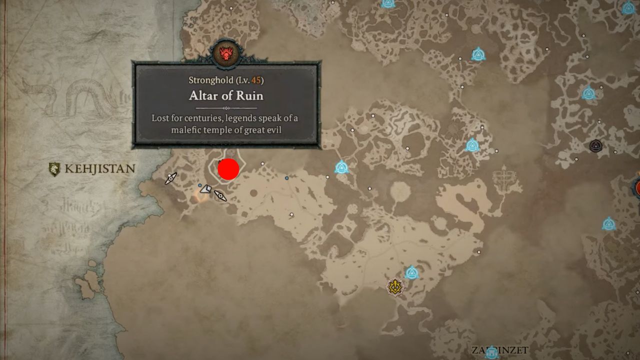 Red dot showing the location of Altar of Ruin in D4