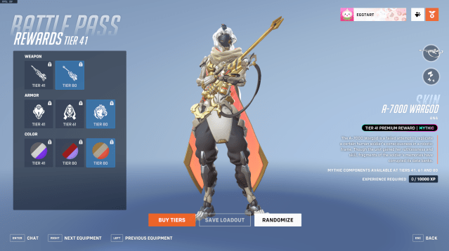 Ana's Overwatch 2 season 6 mythic skin with all customization upgrades, turning the skin into a gold and white color with a feminized Omnic face.