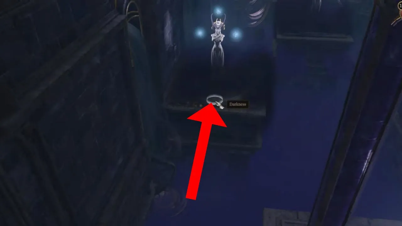 Red arrow pointing towards a silver statue in BG3