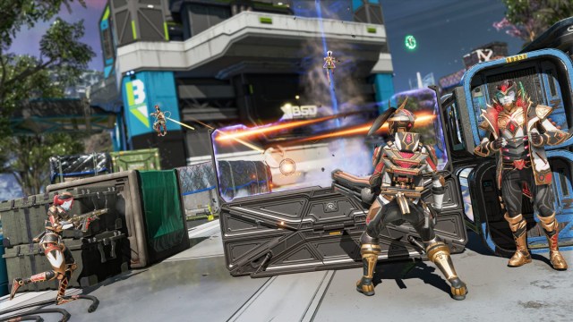 A squad in Apex Legends wearing the Death Dynasty weapon skin collection fires across the map at a metal structure.