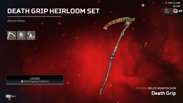 The Death Grip heirloom from Apex Legends, a scythe style melee weapon, as displayed in the store.