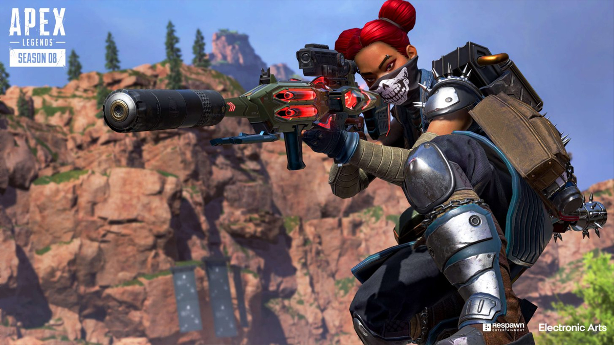 Lifeline, in her Season 8 outfit, aims a sniper rifle in front of a cliff in Apex Legends while crouched.