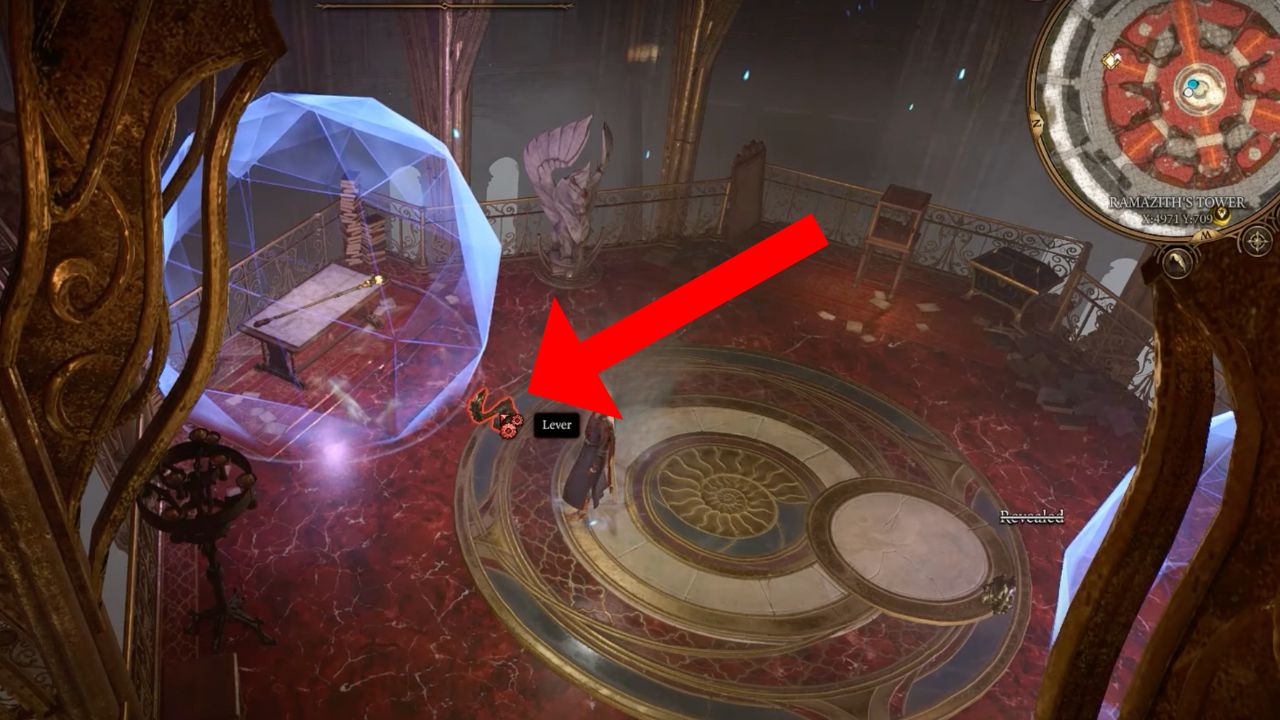 Red arrow pointing to a lever for the arcane shield in BG3