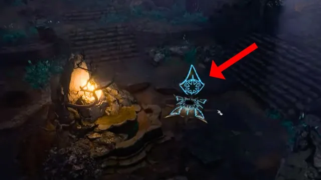 Red arrow pointing to a glowing blue stone in BG3