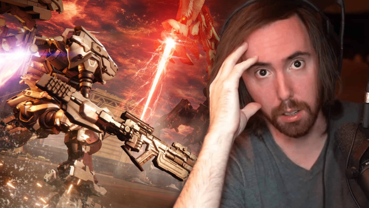 Asmongold looking at the camera in disbelief next to a loading screen from Armored Core 6.
