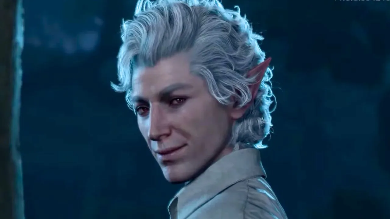 Man with white hair and pointy ears smiling at night in BG3
