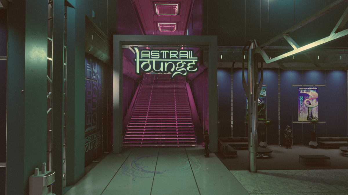Image of a night club with large, bright neon font that reads 'Astral Lounge'