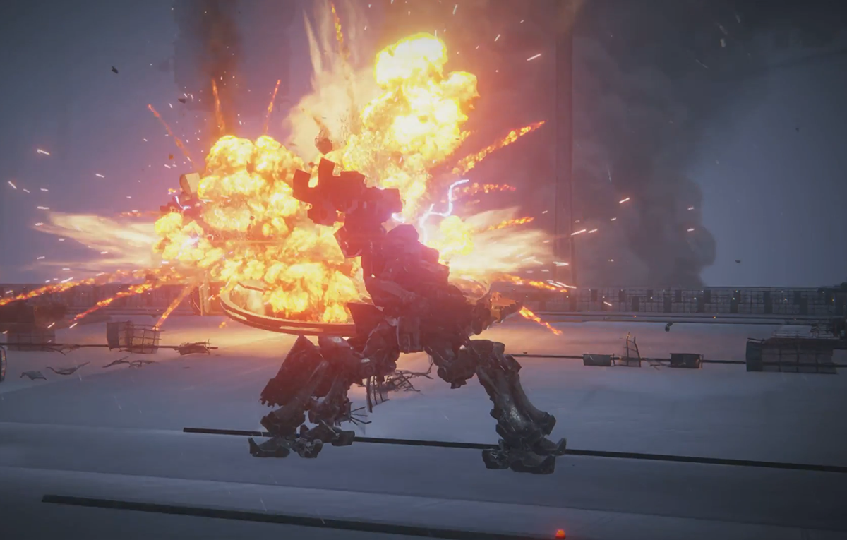 An enemy mech is consumed in a firey explosion in Armored Core 6