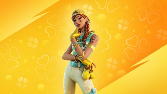 Aura (Charming Aura) skin standing in front of a yellow backdrop.